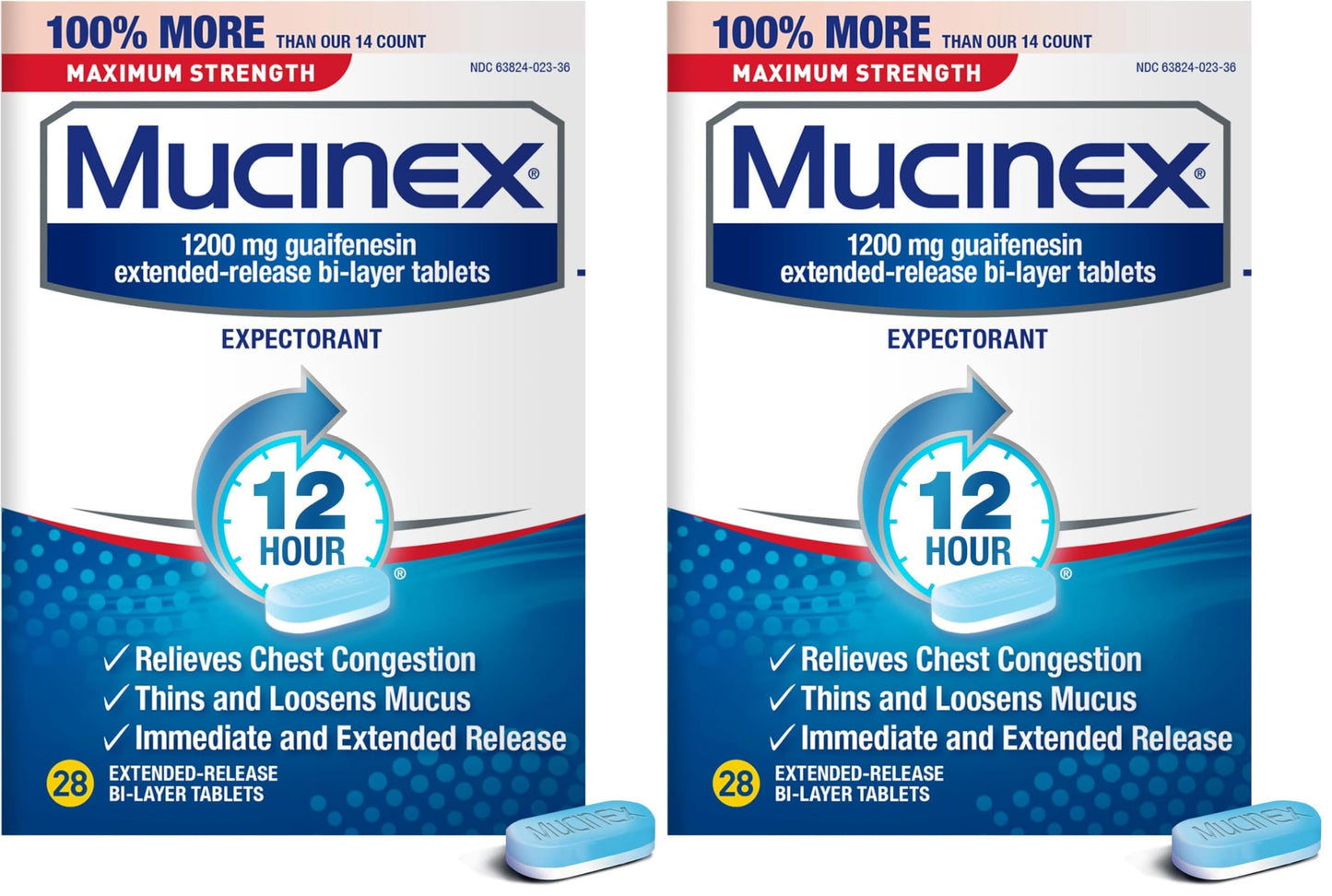 Mucinex Maximum Strength 12 Hour Chest Congestion Expectorant Relief Tablets, 1200 mg, 28 Count, Thins & Loosens Mucus (Pack of 3)