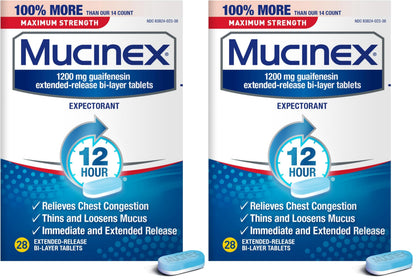 Mucinex Maximum Strength 12 Hour Chest Congestion Expectorant Relief Tablets, 1200 mg, 28 Count, Thins & Loosens Mucus (Pack of 3)