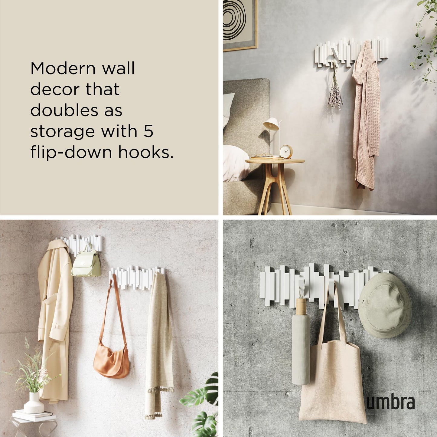 Umbra Sticks Wall-Mounted Coat Rack Rail Hook with 5 Retractable Pegs – Modern, Space-Saving Storage Organizer, Black