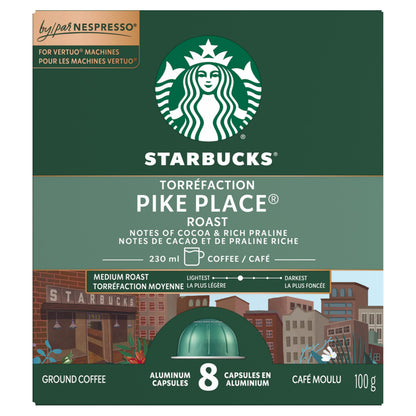 Starbucks By Nespresso Pike Place Roast Coffee Pods, Medium Roast, Nespresso Vertuo Line Compatible Capsules, 8 Coffee Pods