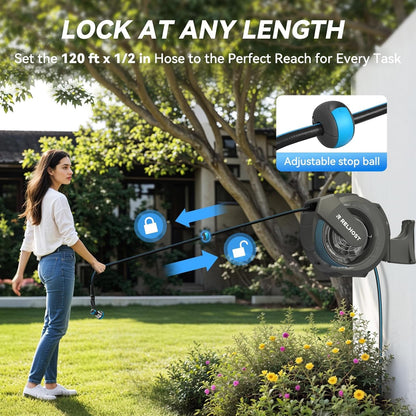 Relhost Retractable Garden Hose Reel, 1/2 in x 120 ft Wall Mount Heavy Duty Hose Reel with Any-Length Lock, Auto Rewind System, 180° Swivel Bracket, and 10-Pattern Nozzle for Garden, Dark Grey
