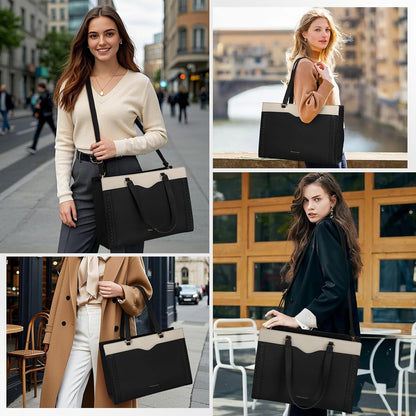 RAINSMORE Laptop Bag for Women 15.6 Inch Work Tote Bag with Detachable Strap & Bow Leather Laptop Tote with Cup Holder