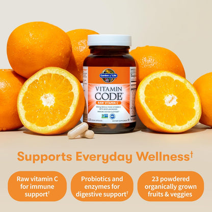 Garden of Life Vitamin Code Raw Vitamin-C, 500mg Whole Food VIT-C Capsules + Fruit & Veggie Blend & Probiotics, Supplements for Adults, Vegan, Gluten Free, 120 Capsules, (Pack of 6)