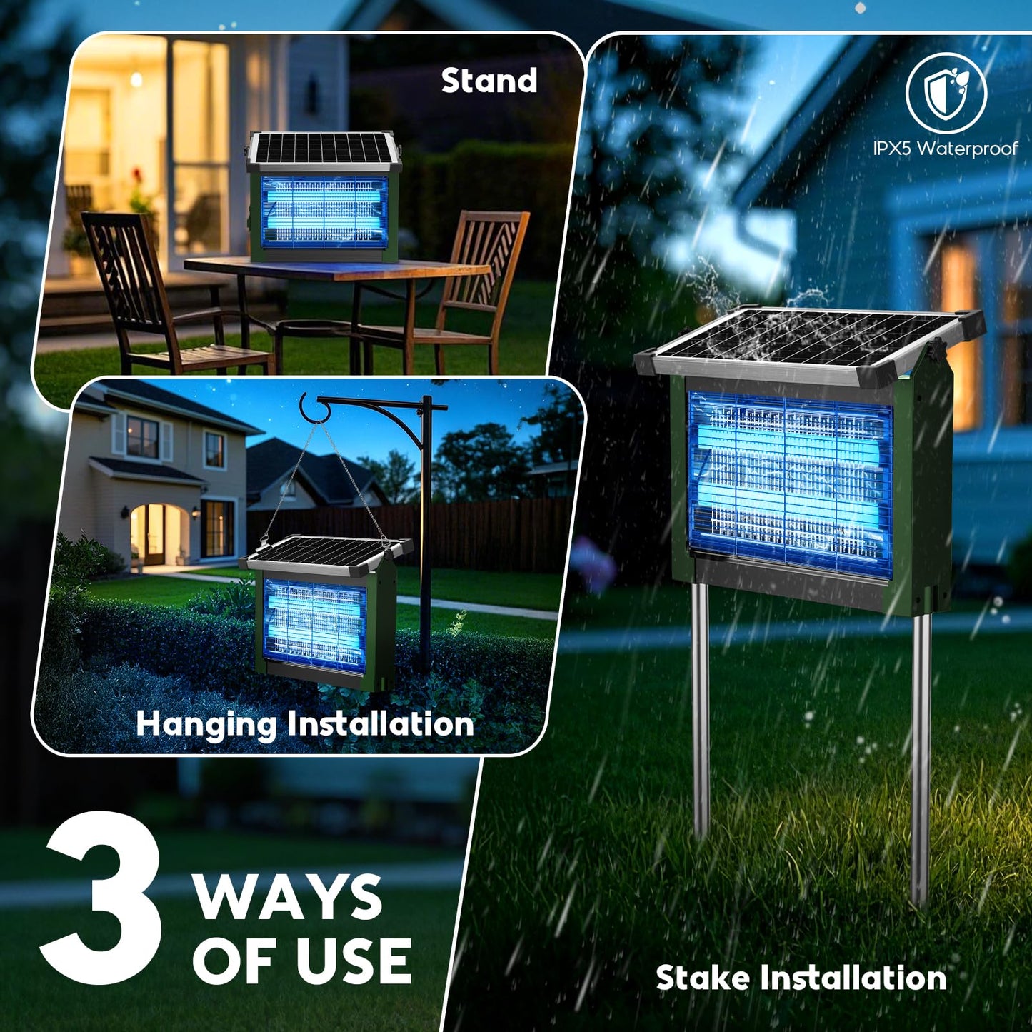 Solar Bug Zapper Outdoor, Waterproof Mosquito Zapper Outdoor Solar Powered, 4500V Electric Bug Zapper Indoor w/Smart Light Sensor, Mosquito Trap Fly Zapper for Patio Kitchen Garage Yard Camping