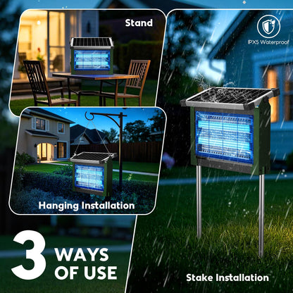 Solar Bug Zapper Outdoor, Waterproof Mosquito Zapper Outdoor Solar Powered, 4500V Electric Bug Zapper Indoor w/Smart Light Sensor, Mosquito Trap Fly Zapper for Patio Kitchen Garage Yard Camping