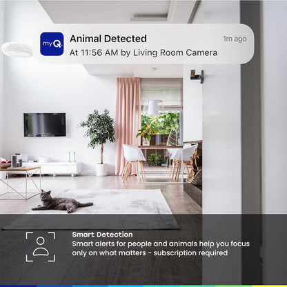 myQ Indoor Plug-in Security Camera Gen 2 – 2K Smart Wi-Fi Camera with Night Vision, Baby and Pet Monitor, Motion Detection and Alerts, 2-Way Audio & App Control