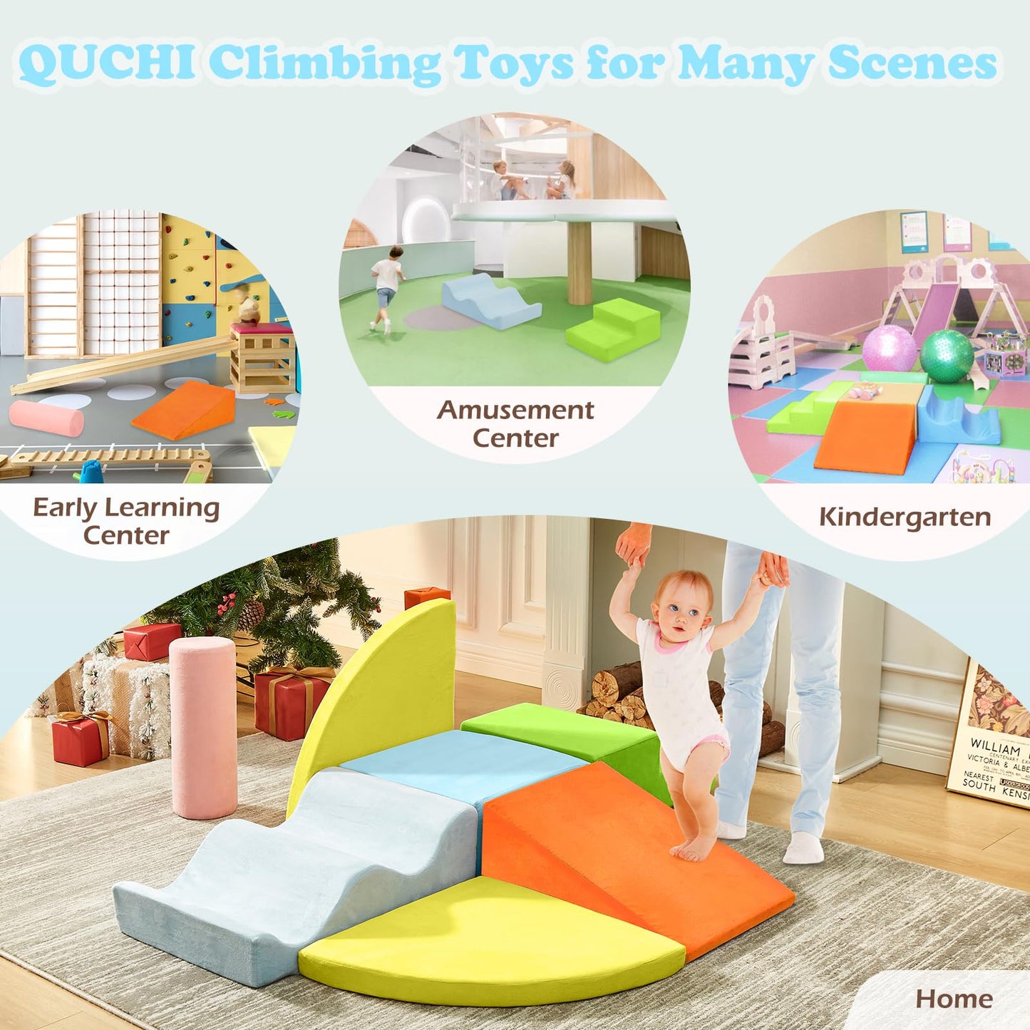 QUCHI Kletterspielzeug für Kleinkinder, Kletterspielzeug für Kleinkinder drinnen, 7-teiliges Weichschaum-Kletterblock-Set, Kleinkind-Spielecke Kletterer Indoor Schaumstoff-Spielplatz zum Klettern, Krabbeln und Rutschen