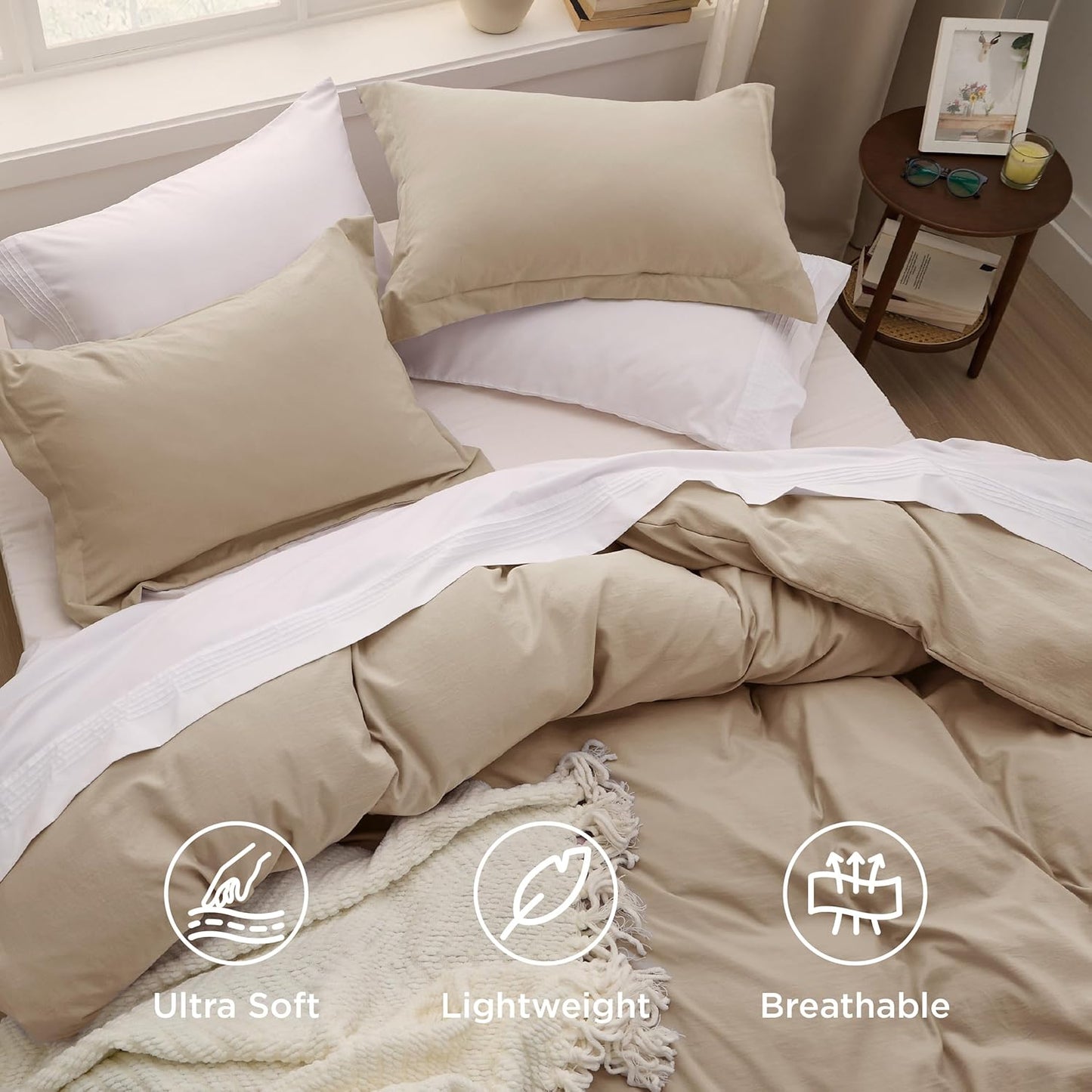 Funda nórdica blanca Bedsure, tamaño Queen, 3 piezas, aspecto de algodón prelavado, juego de cama extrasuave, incluye 1 funda nórdica de 228 x 228 cm con cierre de cremallera y 2 fundas de almohada, edredón no incluido