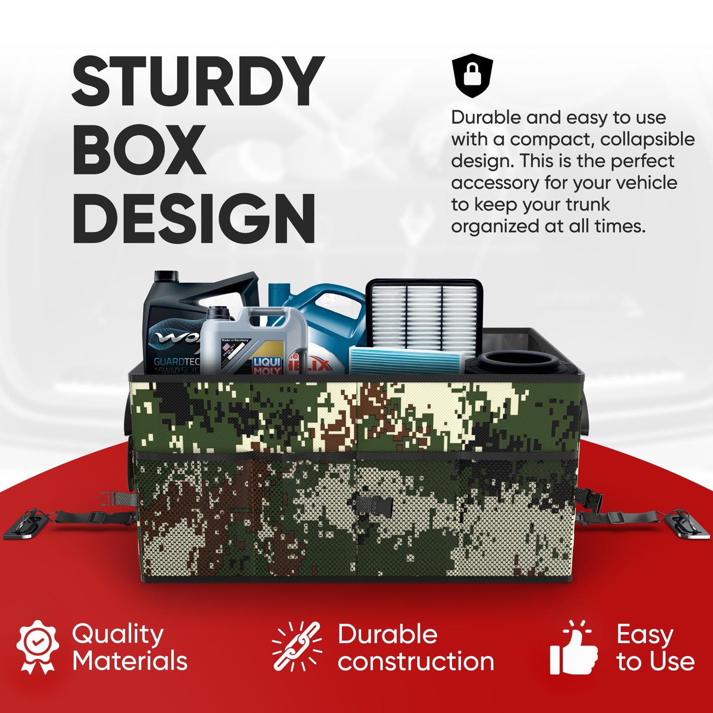 FORTEM Car Trunk Organizer, Collapsible Multi Compartment Car Organizer, Foldable SUV Storage for Car Accessories for Women Men, Non Slip Bottom, Securing Straps, Soft Cover 50L (Black, Standard)