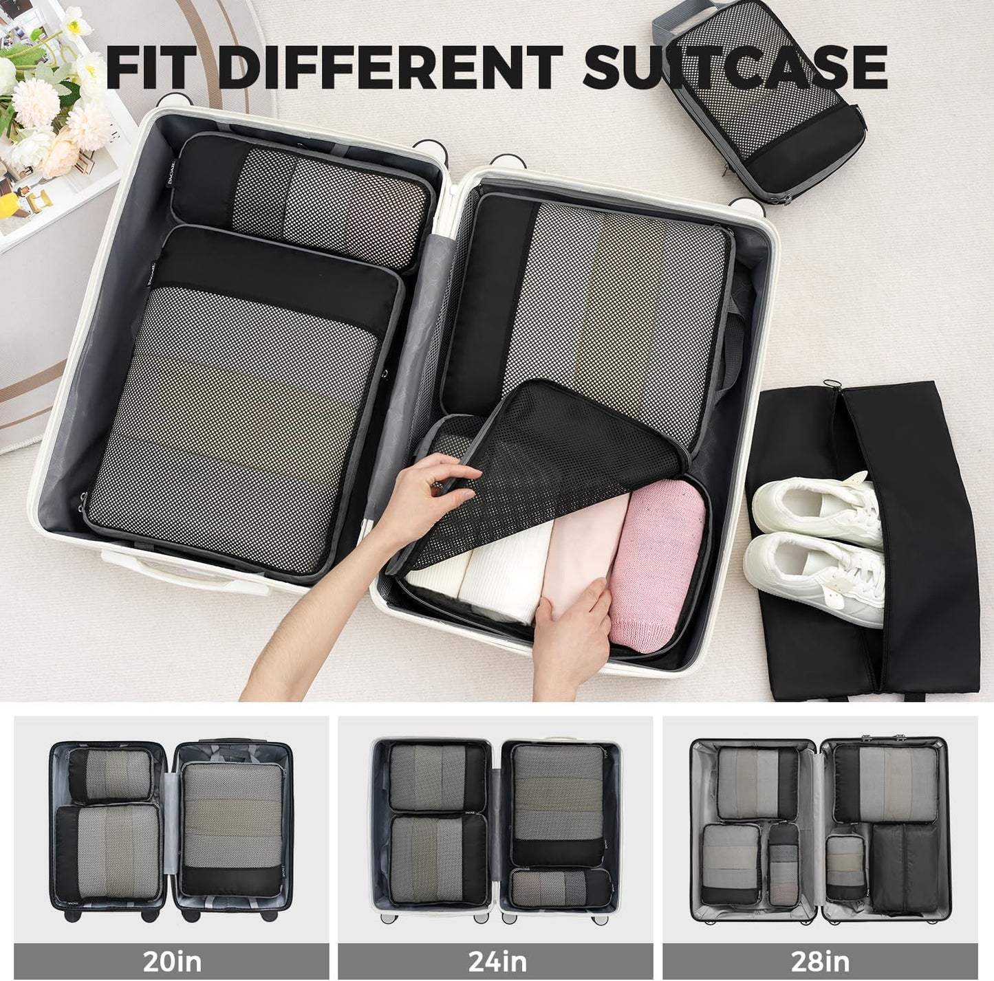 BAGAIL 4er-Set Kompressions-Packwürfel Reise-erweiterbare Packorganizer (Schwarz, 4er-Set)