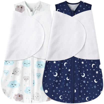 BSTOPPT Fleece Newborn Sleep Sack Baby Swaddle,3-Way Adjustable Wearable Blanket,2 Pack Fleece Swaddling sleeping bag TOG 2.0， (Blue&Green, 0-3 Months)