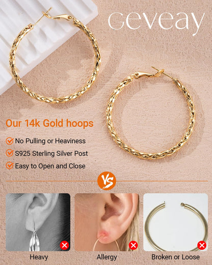 925 Sterling Silver Post Hoop Earrings Lightweight Twisted Hoop Earrings for Women Hypoallergenic Large Hoop Earrings 30/40/50MM