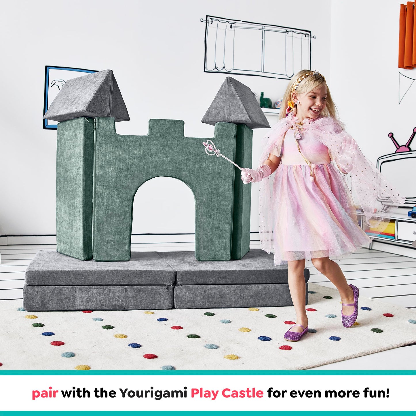 Yourigami Kids and Toddler Play Gym, Playroom Couch Set, Durable Modular Design, Green Meadows