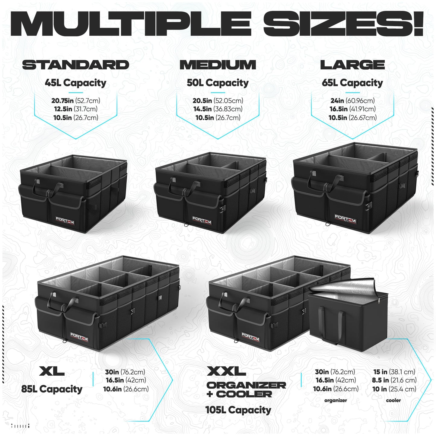 FORTEM Car Trunk Organizer, Collapsible Multi Compartment Car Organizer, Foldable SUV Storage for Car Accessories for Women Men, Non Slip Bottom, Securing Straps, Soft Cover 50L (Black, Standard)