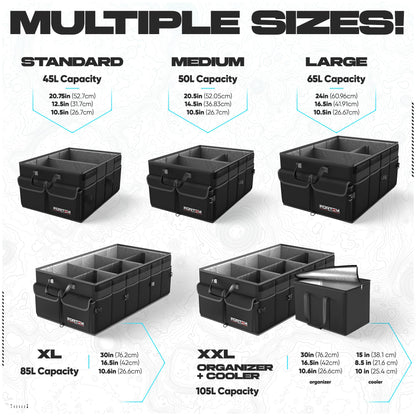 FORTEM Car Trunk Organizer, Collapsible Multi Compartment Car Organizer, Foldable SUV Storage for Car Accessories for Women Men, Non Slip Bottom, Securing Straps, Soft Cover 50L (Black, Standard)