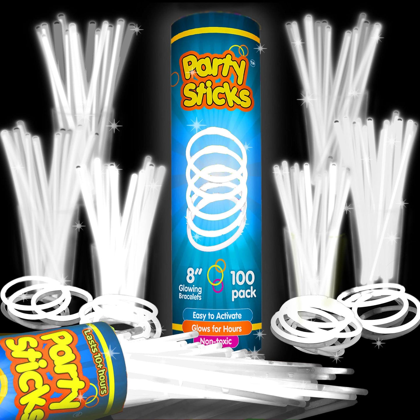 PartySticks Glow Sticks Party Supplies 100pk - 8 Inch Glow in the Dark Light Up Sticks Party Favors, Glow Party Decorations, Neon Party Glow Necklaces and Glow Bracelets with Connectors