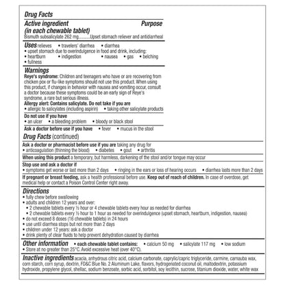Pepto Bismol Chews, Upset Stomach, Nausea, Heartburn, Indigestion Relief, Anti Diarrhea Medication for Adults - 5 Symptom Fast Relief, 72 Chewable Tablets 24 Count (Pack of 12)