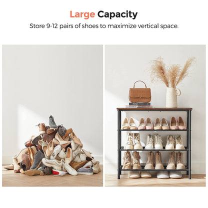 VASAGLE Shoe Rack, 4-Tier Shoe Storage Organizer for Entryway and Closet, Holds 9-12 Pairs of Shoes, 3 Fabric Shelves, Steel Frame, Industrial, Rustic Brown and Black ULBS035B01