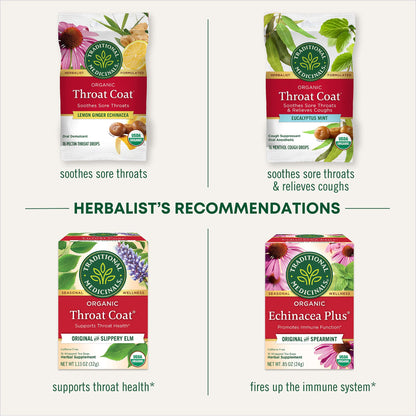Traditional Medicinals Organic, Throat Coat Lozenges, Lemon Ginger Echinacea - Herbal Cough Drops, Helps Soothe Sore Throat - Non-GMO, Stimulant-Free - 16 Count (Pack of 12)