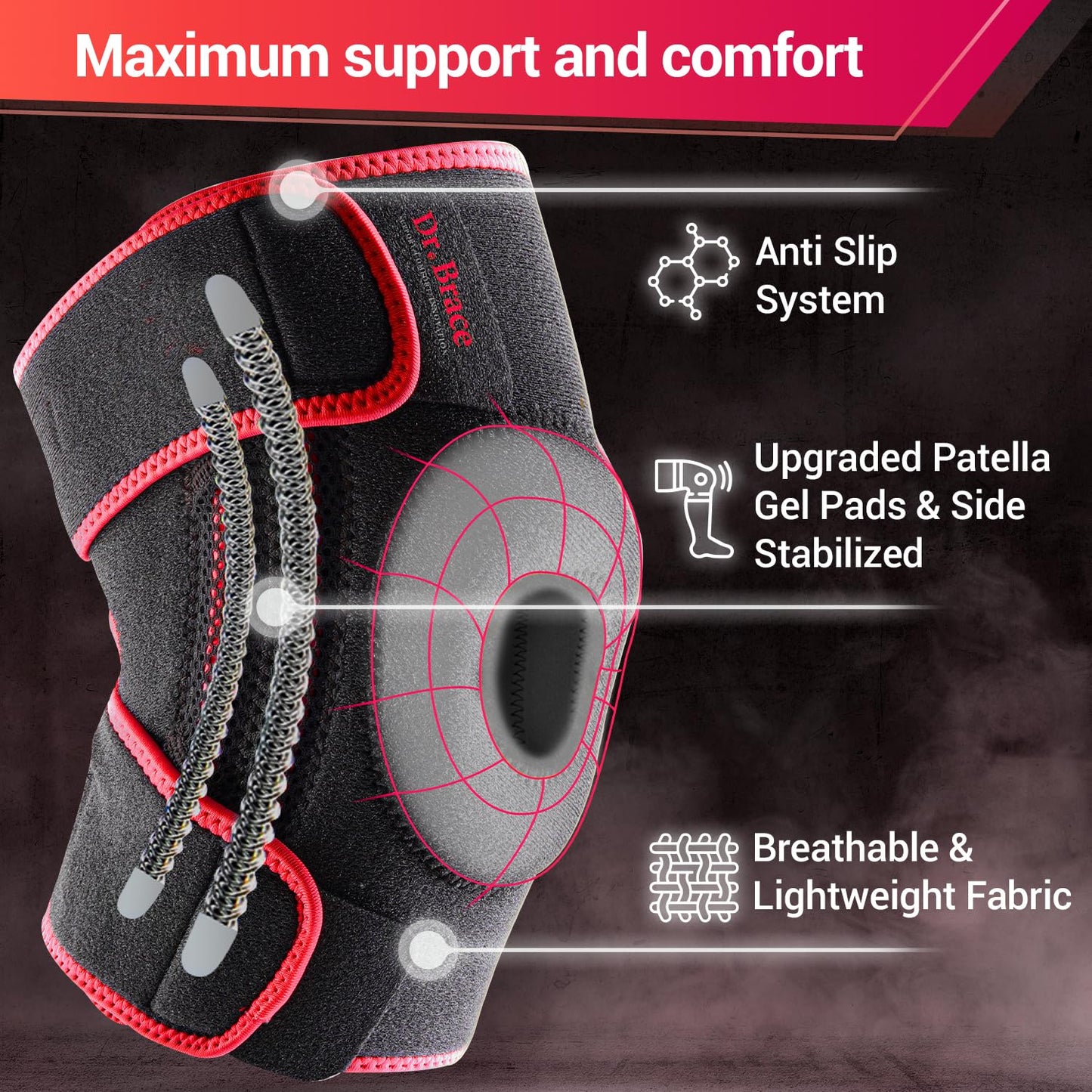 DR. BRACE ELITE Kniebandage mit Seitenstabilisatoren & Patellagelkissen für maximale Knieschmerzlinderung und schnelle Genesung für Männer und Frauen – Bitte sehen Sie sich das Video zur Größenbestimmung an (Mercury, Large)