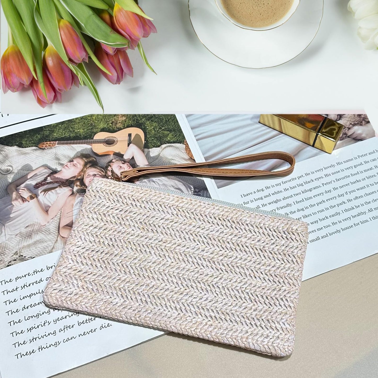 Beurlike Strohkupplung Geldbörsen für Frauen Strand Handgelenktasche Kleine Umhängetasche für Mädchen (Natur)