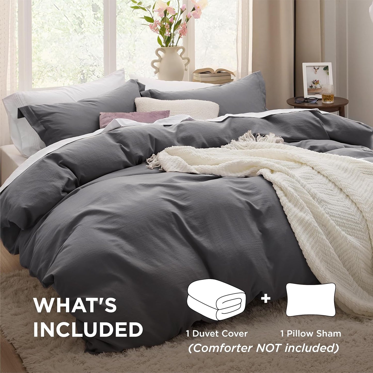 Funda nórdica blanca Bedsure, tamaño Queen, 3 piezas, aspecto de algodón prelavado, juego de cama extrasuave, incluye 1 funda nórdica de 228 x 228 cm con cierre de cremallera y 2 fundas de almohada, edredón no incluido