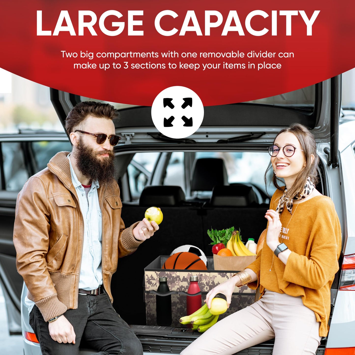 FORTEM Car Trunk Organizer, Collapsible Multi Compartment Car Organizer, Foldable SUV Storage for Car Accessories for Women Men, Non Slip Bottom, Securing Straps, Soft Cover 50L (Black, Standard)