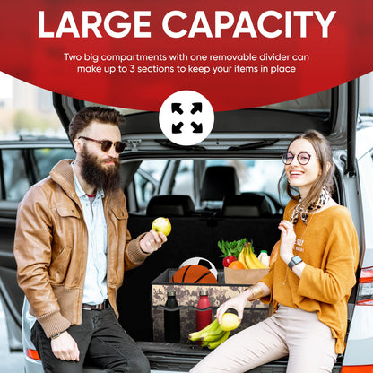 FORTEM Car Trunk Organizer, Collapsible Multi Compartment Car Organizer, Foldable SUV Storage for Car Accessories for Women Men, Non Slip Bottom, Securing Straps, Soft Cover 50L (Black, Standard)