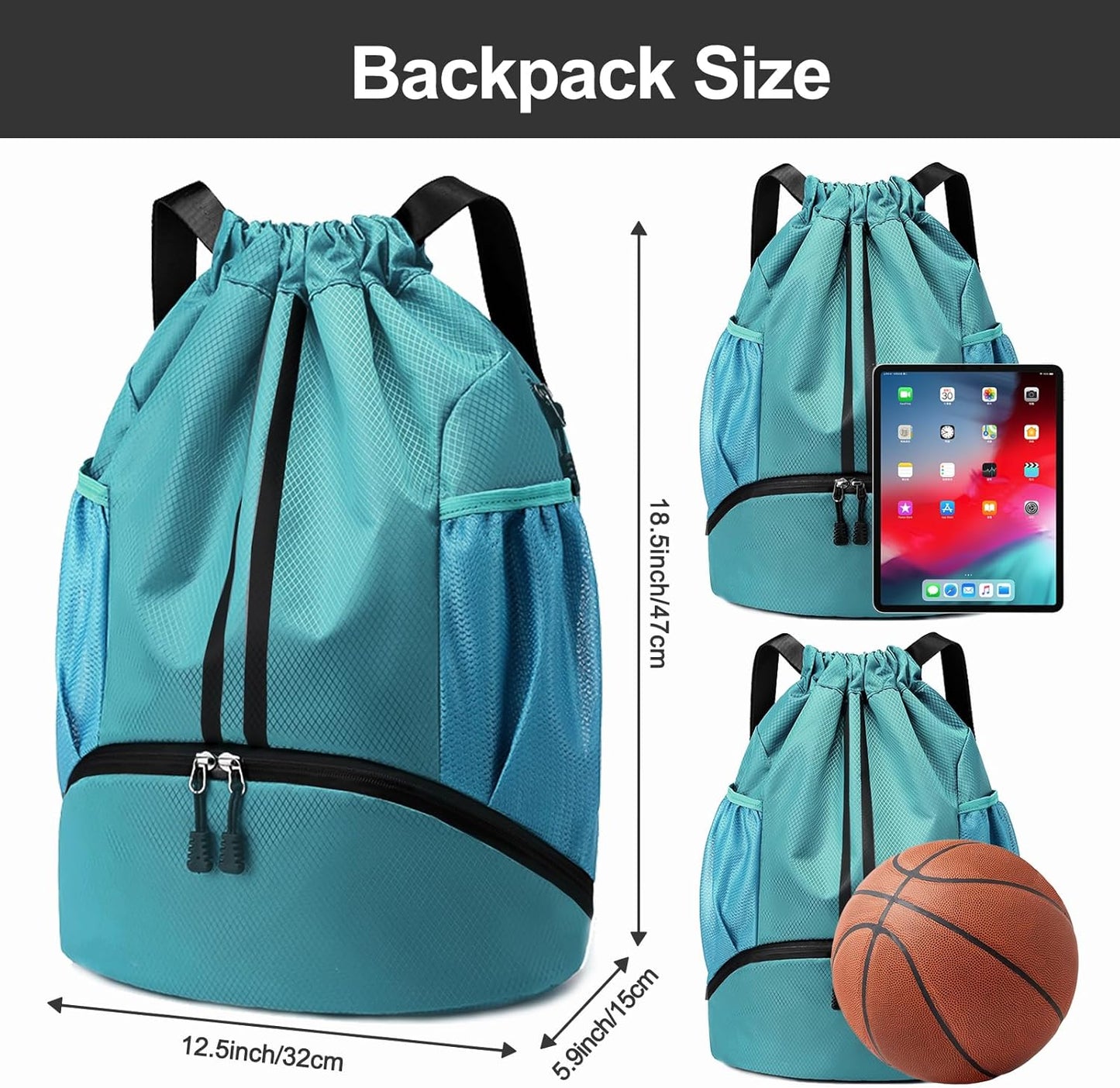 Hoedia Sports-Kordelzugrucksack – Schwimm-Turnbeutel mit Schuhfach und wasserdichter Tasche für Damen und Herren