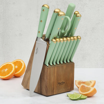 Martha Stewart Knife Block Set 16-Piece - Lockton High Carbon Stainless Steel Forged Full Tang Chef Knives, Acacia Wood Block, Triple Riveted Handles, Linen White & Gold