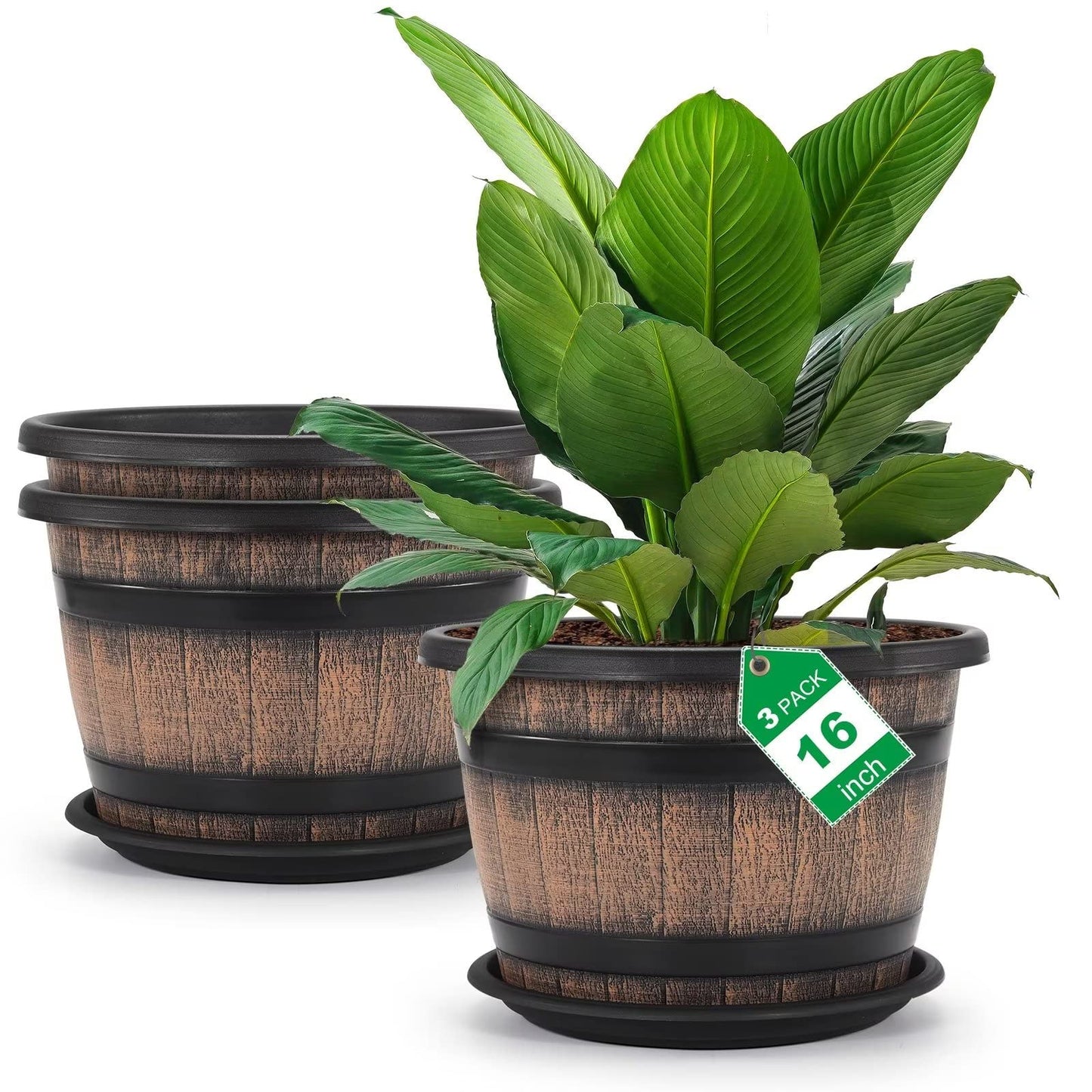 Quarut Plant Pots Set of 4 Pack 12 inch,Large Whiskey Barrel Planters with Drainage Holes & Saucer.Plastic Flower Pots Imitation Wine Barrel Design, for Indoor & Outdoor Garden Home Plants (Brown)