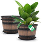 Quarut Plant Pots Set of 4 Pack 12 inch,Large Whiskey Barrel Planters with Drainage Holes & Saucer.Plastic Flower Pots Imitation Wine Barrel Design, for Indoor & Outdoor Garden Home Plants (Brown)
