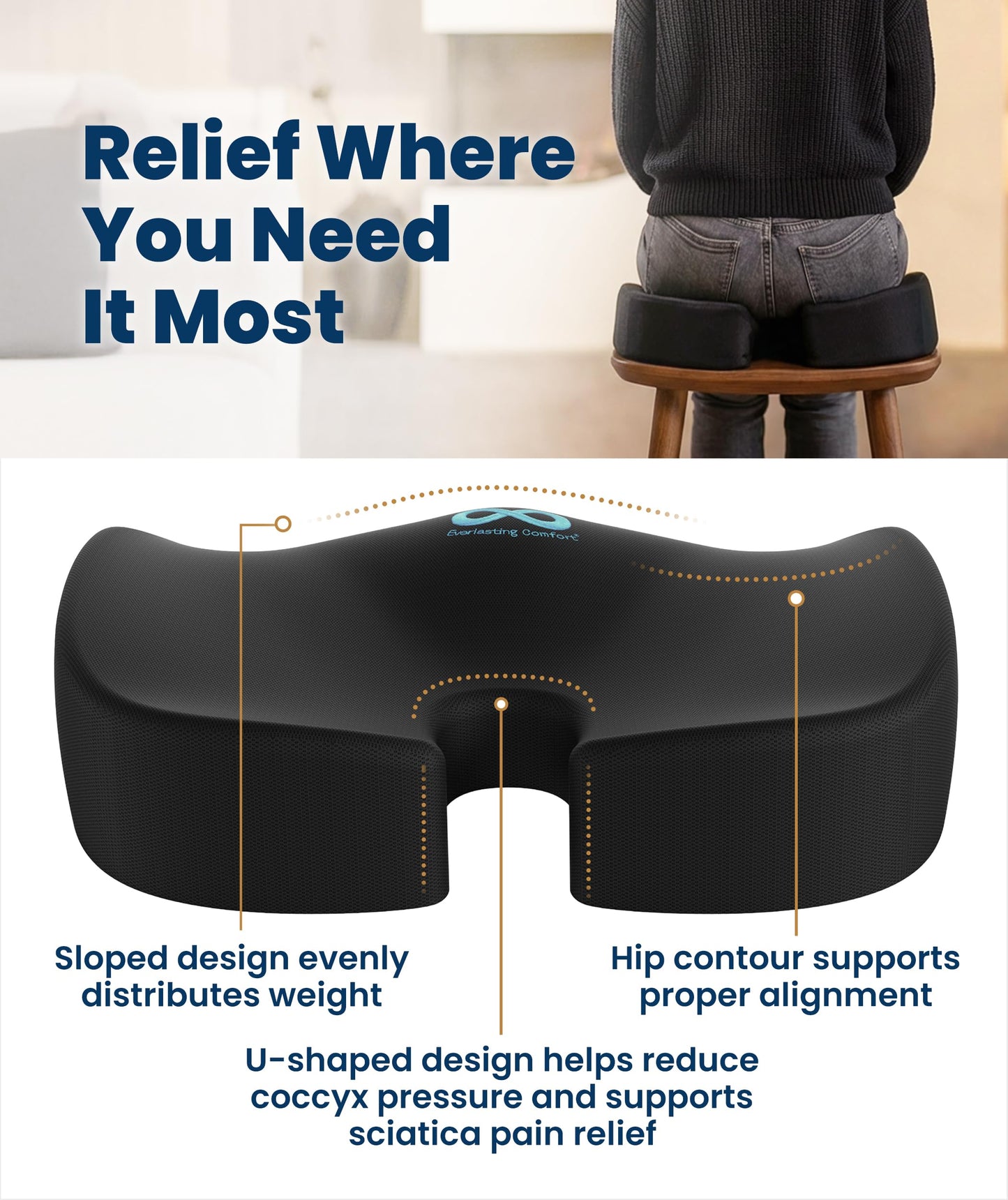 Everlasting Comfort Doctor Recommended Memory Foam Seat Cushion for Office Chairs & Car - Ergonomic Office Desk Accessories - Cushions for Tailbone Pain Relief, Sciatica (Black, Large)