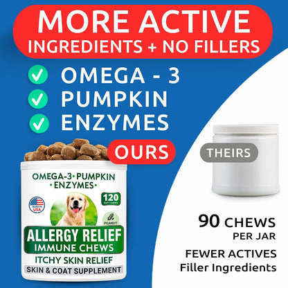 Allergy Relief + Advanced Allergy Bundle - Anti-Itch&Hot Spots + Itchy Skin Relief Pills - Omega 3 + Pumpkin+ Enzymes + Probiotics - Immune Supplement + Anti Itching Licking - 360 Chews - Made in USA