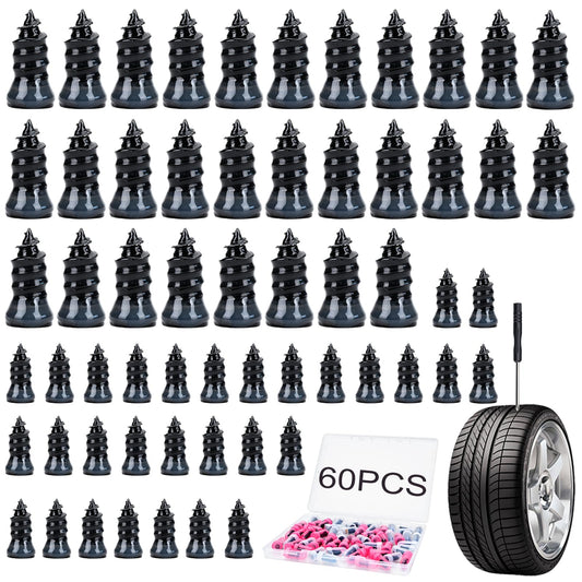 60PCS Tire Repair Rubber Nails, Screw in Tire Repair Nails Kit with a Screwdriver, Tire Repair Screws, Self-Service Tire Plugs Screw Type, Tire Repair First Aid Kit for Car, Motorcycle, Truck