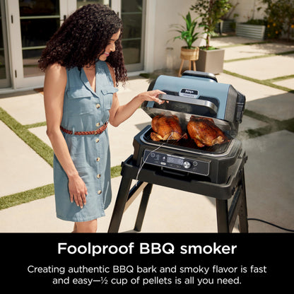 Ninja Woodfire Pro Connect XL Outdoor Grill & Smoker | Bluetooth, App Enabled | 7-in-1 Grill, BBQ Smoker, Outdoor Air Fryer | Woodfire Technology | Built-In Thermometer | Blue & Gold| OG951BL1