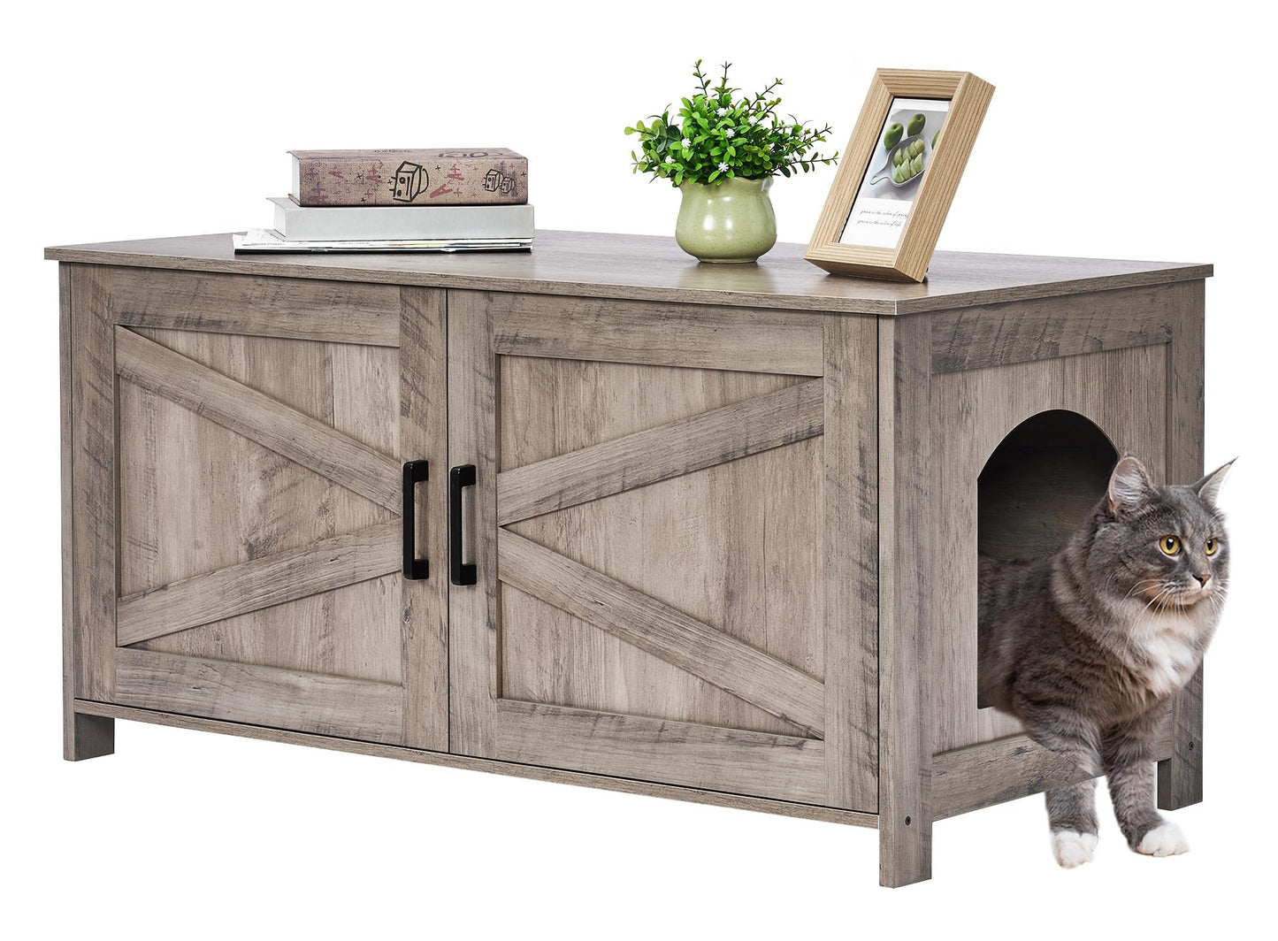 Homhedy Cat Litter Box Enclosure, Wooden Cat Washroom Furniture with Barn Door, Pet House, Fit Most of Litter Box, White
