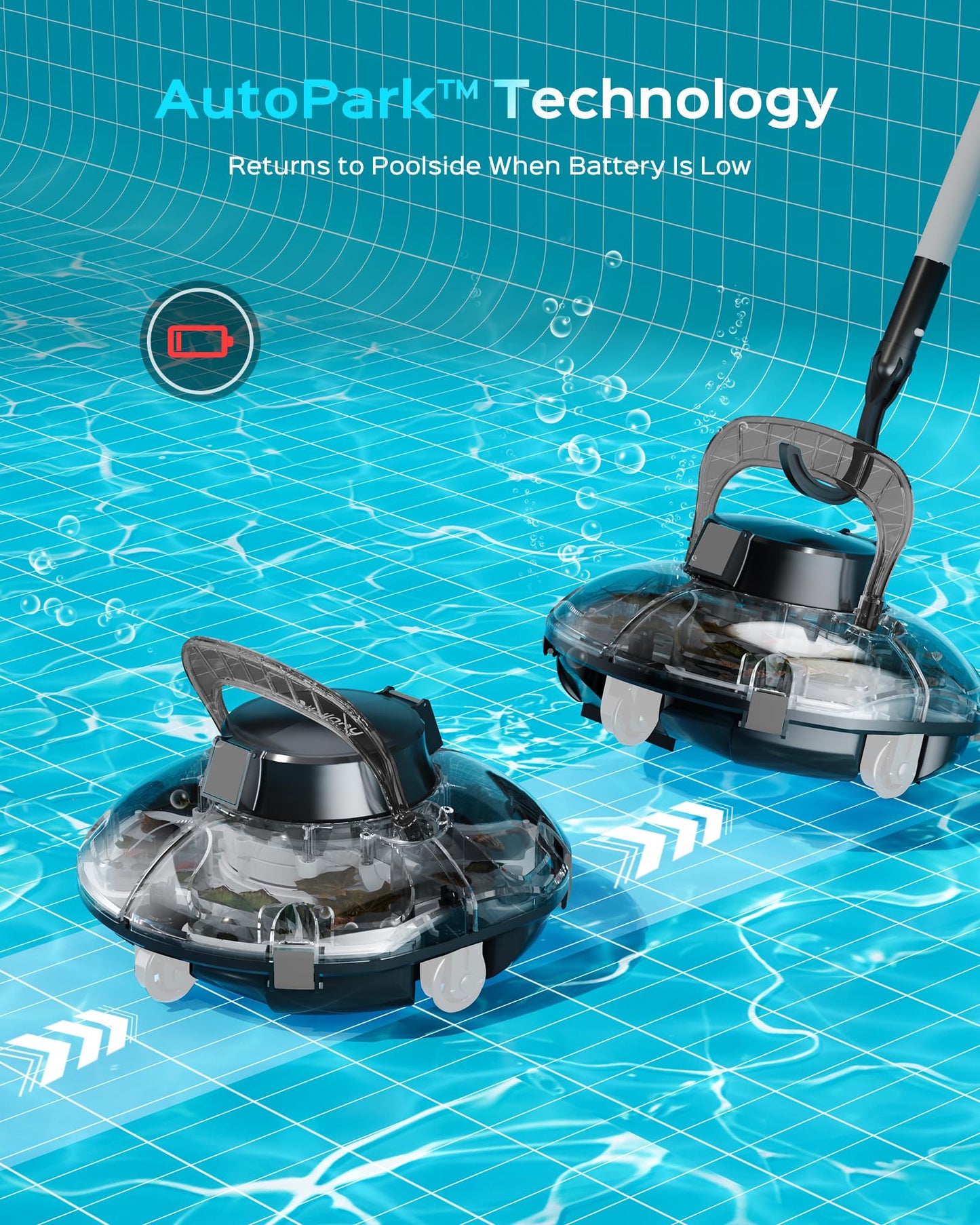 (2026 Upgrade) Cordless Pool Vacuum for Above Ground Pool, Automatic Pool Cleaner Robot Cleaning Up to 660 sq.ft, Dual-Layer Filtration, 90 Mins Runtime, Self-Parking, with Hook (Light Tinted Black)