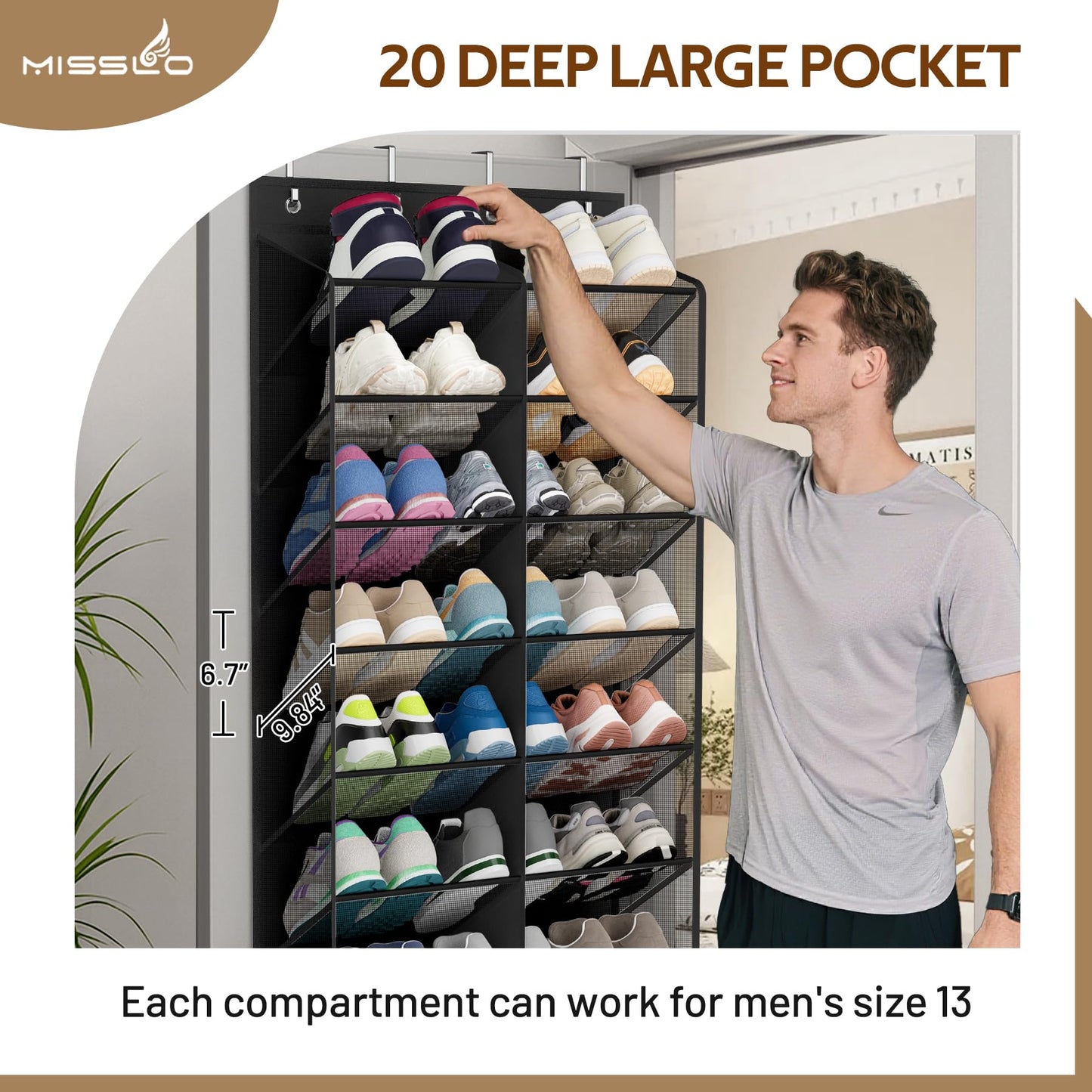 MISSLO 30 Pairs Over the Door Shoe Organizer Breathable Mesh Hanging Shoe Rack for Closet Storage with Wide Deep Pockets 10 Tier Shoes Holder Fit All the Family's Sneakers, Boots, Heels (White, 71")