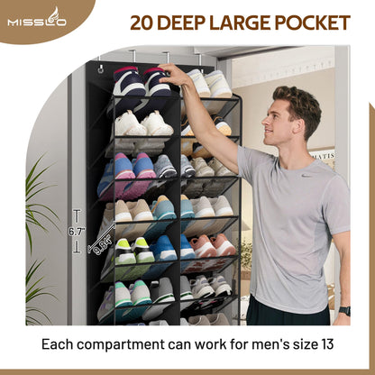 MISSLO 30 Pairs Over the Door Shoe Organizer Breathable Mesh Hanging Shoe Rack for Closet Storage with Wide Deep Pockets 10 Tier Shoes Holder Fit All the Family's Sneakers, Boots, Heels (White, 71")