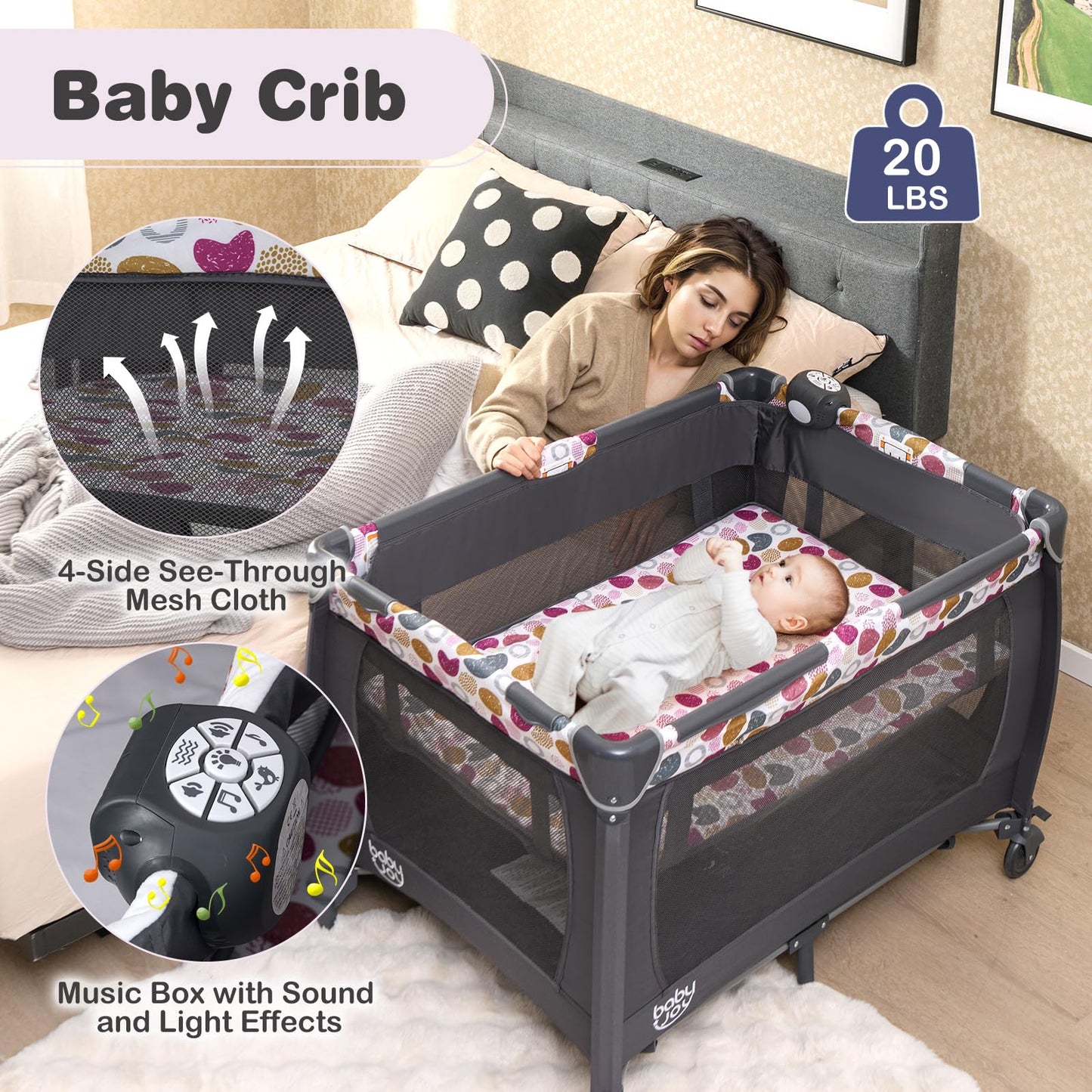 BABY JOY 5 in 1 Pink Pack and Play, Portable Baby Playard with Bassinet & Changing Table, Infant Pink Girl Bassinet Center w/Hangings & Music & Oxford Bag for Baby Toddlers (Rose, Dot Circle)