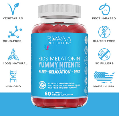 RUWAA NUTRITION Kids Melatonin Gummies 1 mg, Safe, Drug-Free & Effective Natural Sleep Aid for Kids. Children Melatonin Gummy, Gluten-Free Vegetarian Restful Sleep Support for Ages 4+. 360ct (6)