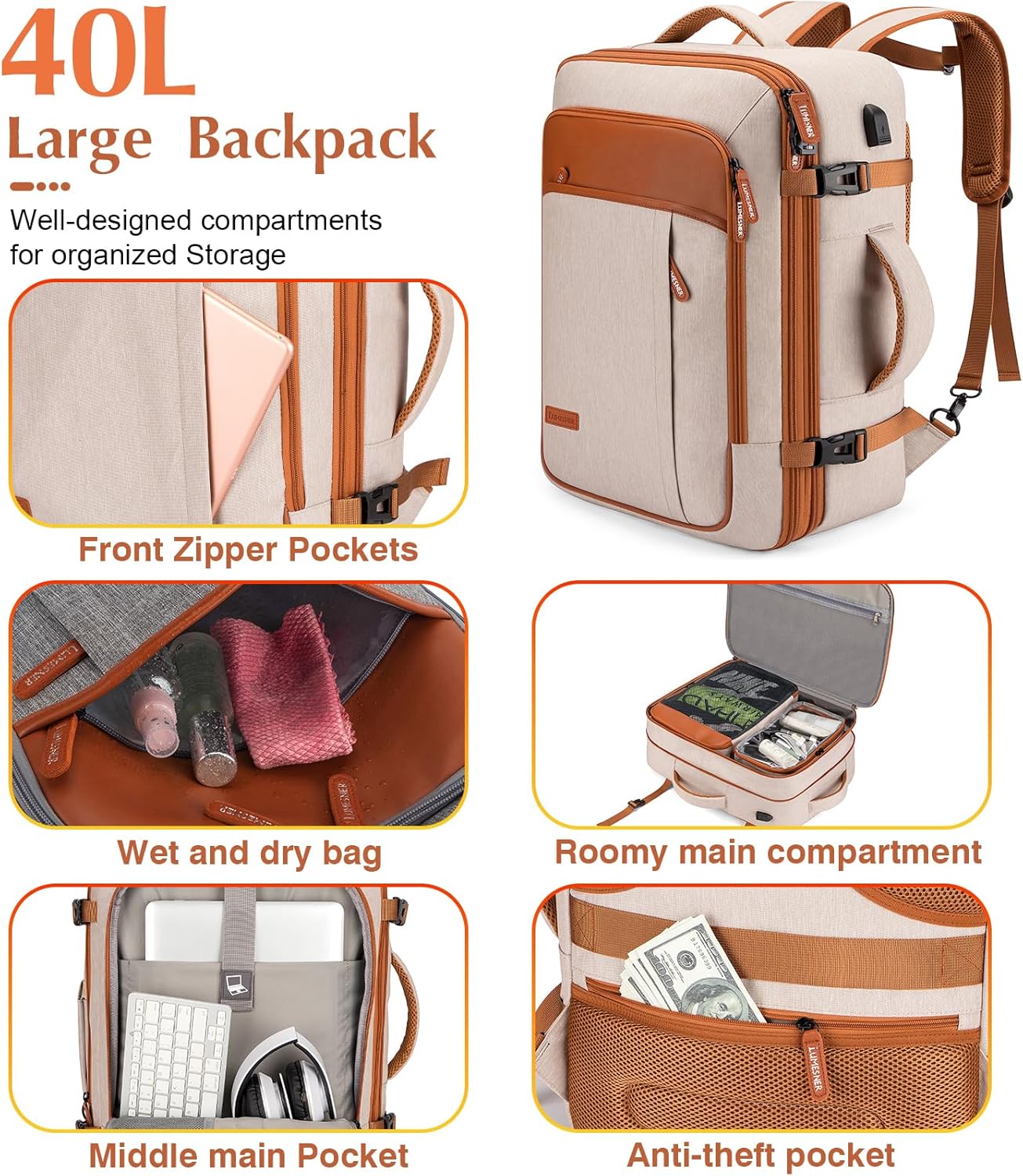 Lumesner Handgepäck Rucksack, extra großer 40L Flugzugelassener Reiserucksack für Damen & Herren