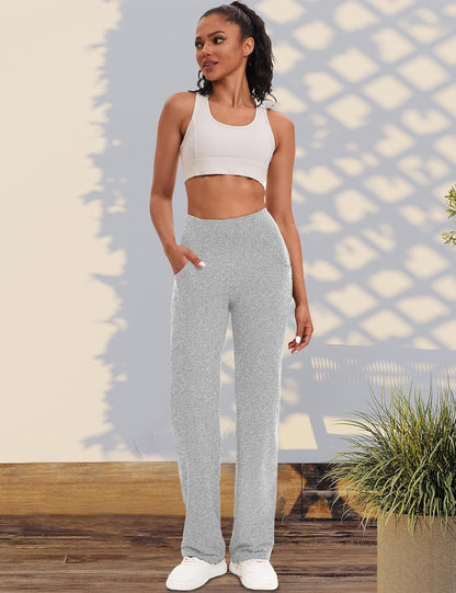 VOOVEEYA Yogahosen für Damen mit Taschen, gerade geschnittene Hose mit weitem Bein, hochtaillierte Business-Hose, petite/regulär//lang