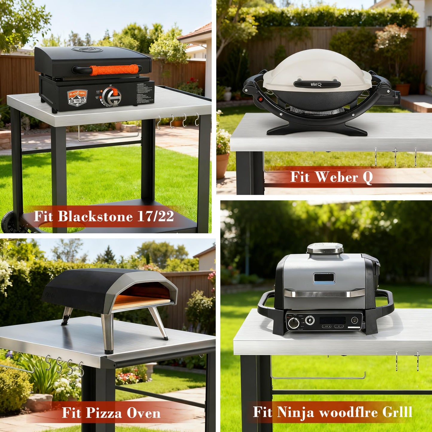 Pizza Oven Table Grill Cart with Topping Station, Grill Table Stand with Wheels for Ninja, Blackstone Griddle, Ooni, Gozney, Cuisinart, Heavy Duty BBQ Prep Cart with Storage Shelf and Hooks