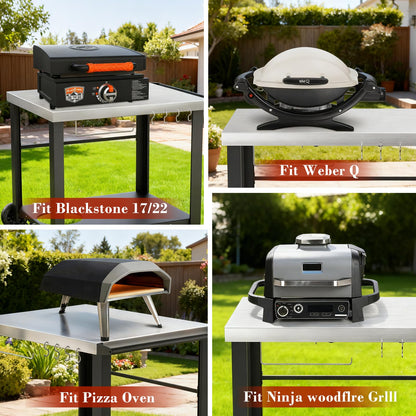 Pizza Oven Table Grill Cart with Topping Station, Grill Table Stand with Wheels for Ninja, Blackstone Griddle, Ooni, Gozney, Cuisinart, Heavy Duty BBQ Prep Cart with Storage Shelf and Hooks