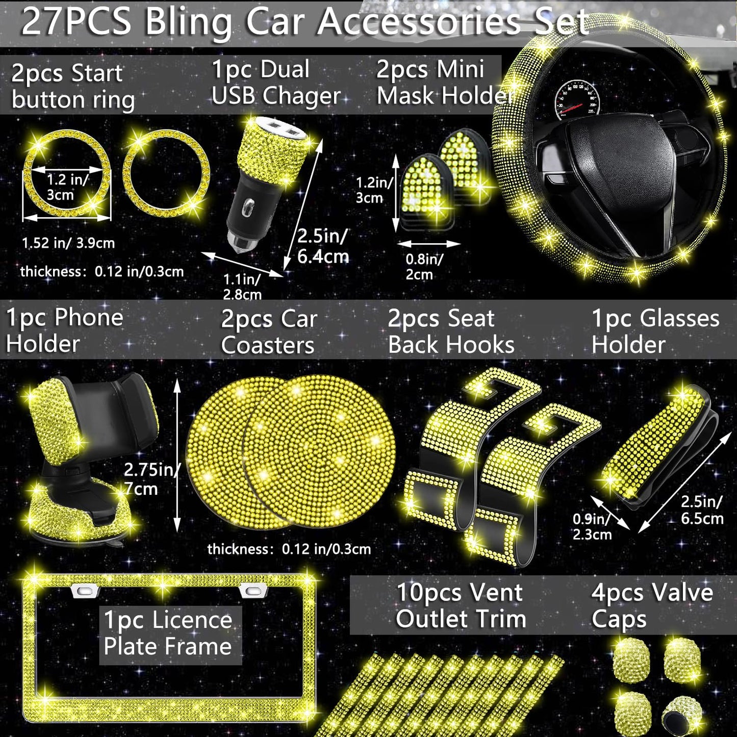 NBTEPEM 27-Piece Bling Car Accessories Set - Universal Fit Steering Wheel Covers, License Plate Frames, Phone Holder, Car Fast Charger, Coasters (Pink)