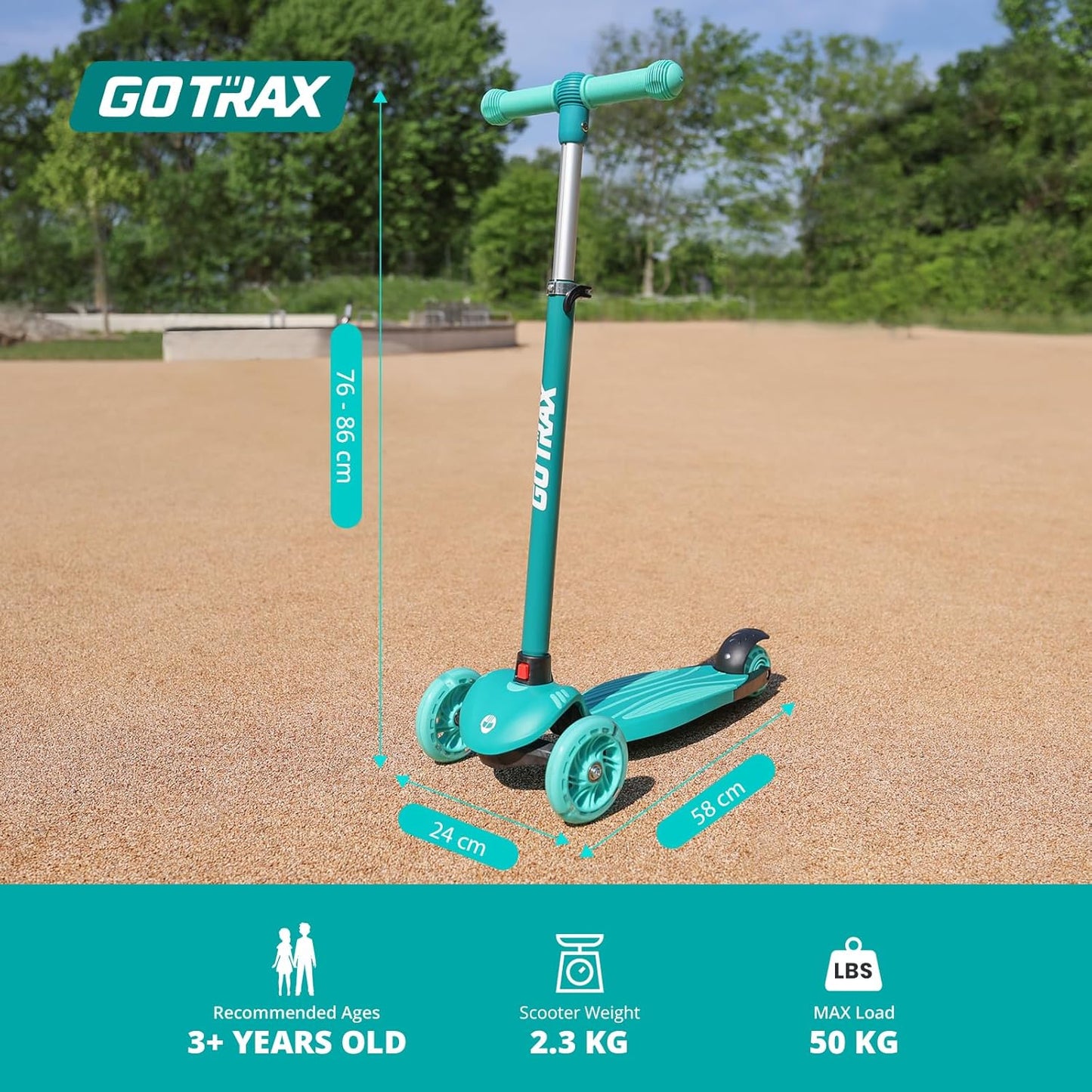 Gotrax KS1 Kinder-Roller, LED-Räder und 3-fach verstellbare Lenkerhöhe, Lean-to-Steer & breites Anti-Rutsch-Deck, 3-Rad-Roller für Jungen und Mädchen ab 3 Jahren und bis 45 kg