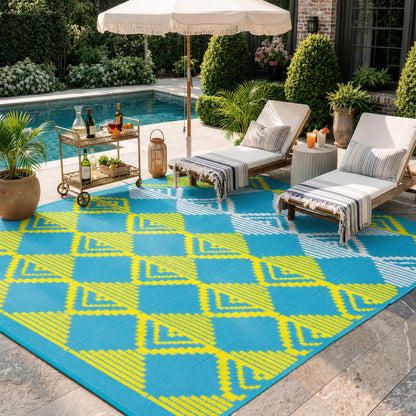 Lahome Outdoor Rugs 8x10 Waterproof, Reversible Outdoor Plastic Straw Rug for Camping Patio, RV Outdoor Rugs Outside, Outdoor Carpet for Porch Deck Backyard Picnic(Blue/Yellow,8'x 10')