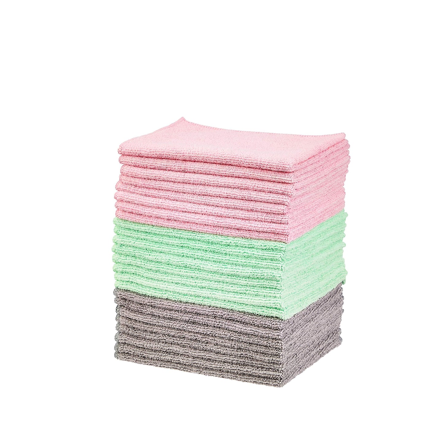 Amazon Basics Microfiber Cleaning Cloths, Ultra Absorbent, Lint Free, Streak Free, Non-Abrasive, Reusable and Washable, 16" x 12", Blue/White/Yellow, Pack of 24